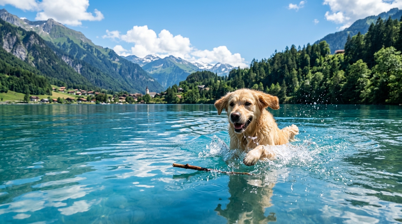 Ein Hund schwimmt im klaren Wasser eines Badesees