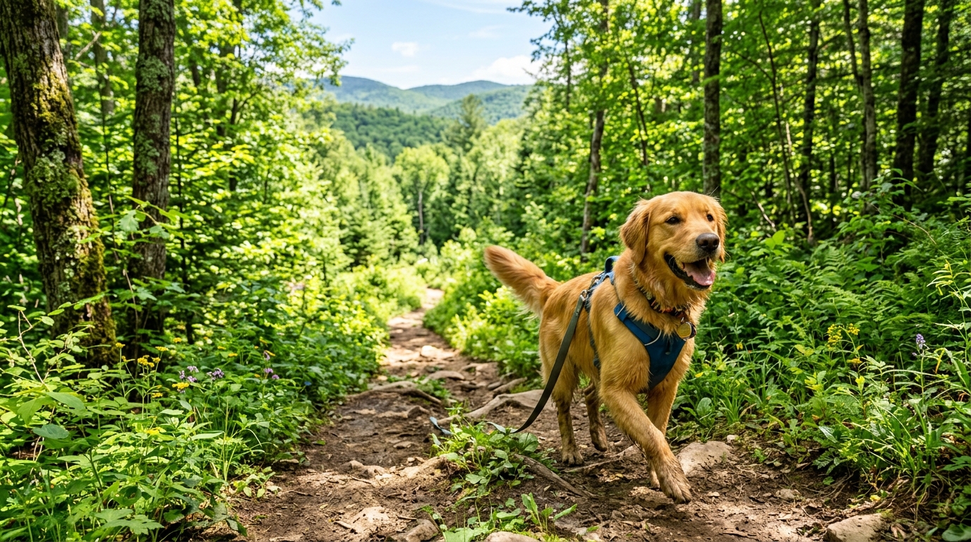 Ein Hund wandert auf einem idyllischen Pfad im Grünen